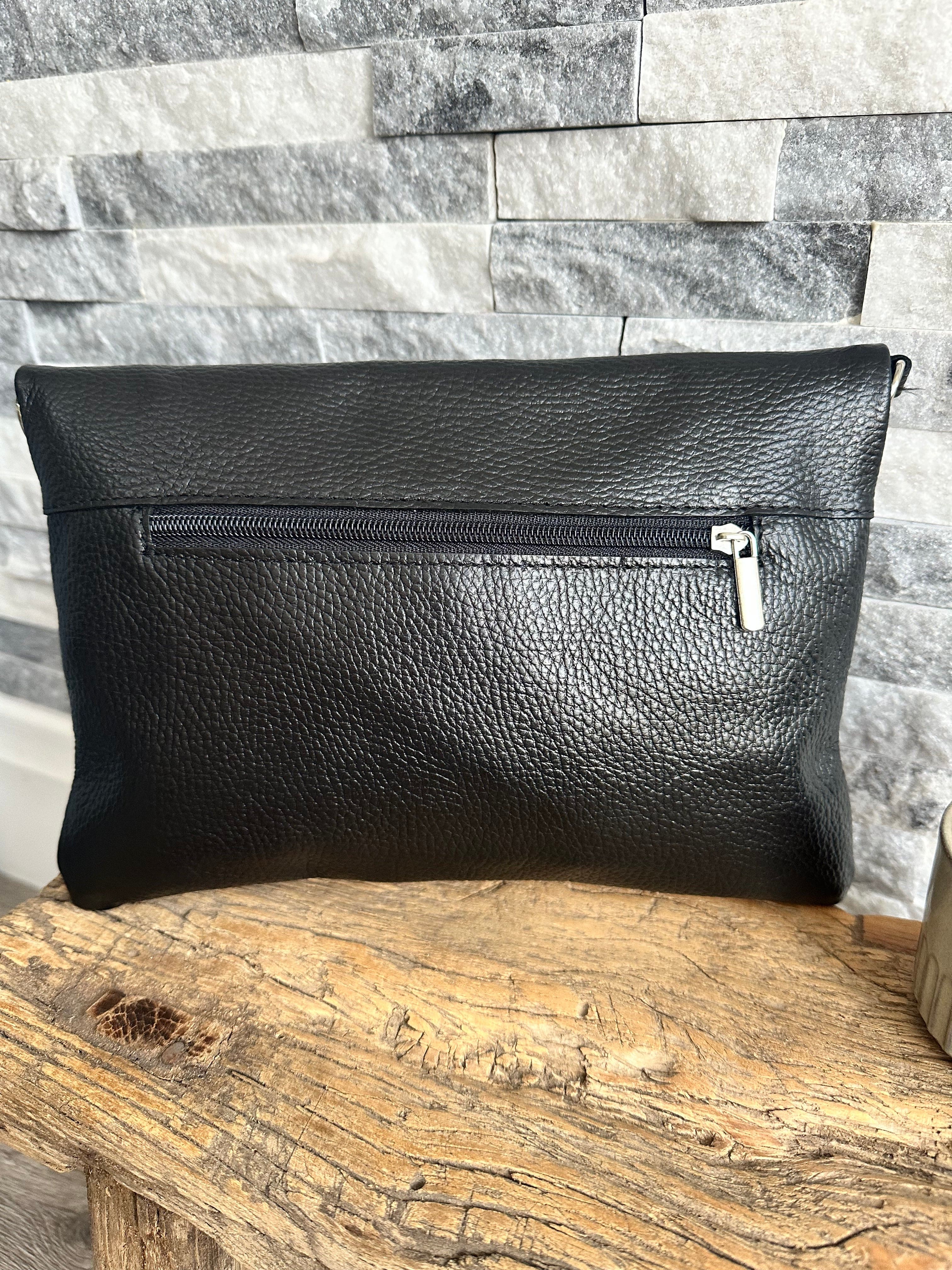 lusciousscarves Black Fold Over Italian Leather Clutch Bag