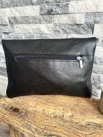 Load image into Gallery viewer, lusciousscarves Black Fold Over Italian Leather Clutch Bag
