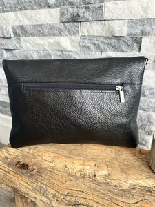 lusciousscarves Black Fold Over Italian Leather Clutch Bag