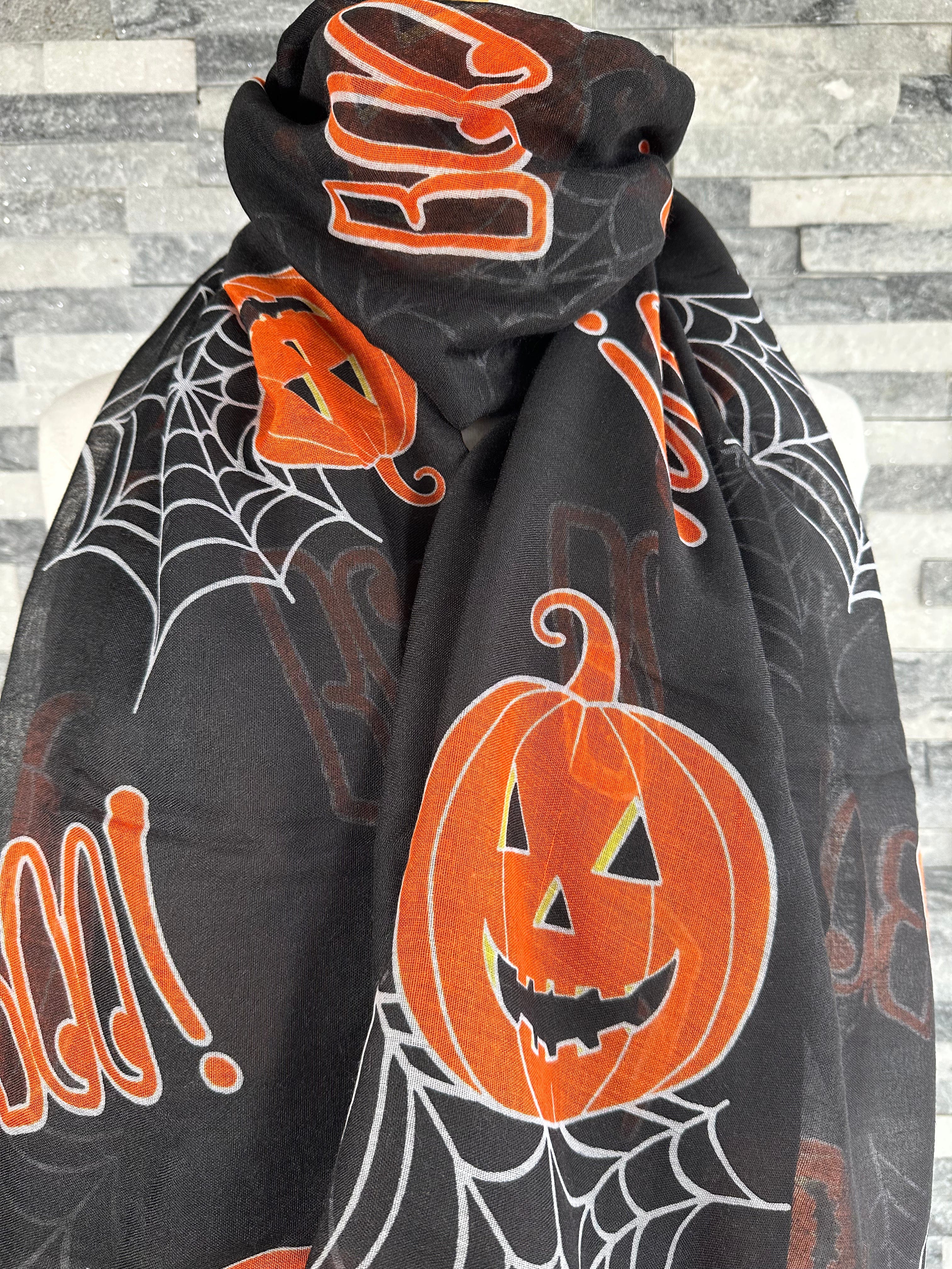lusciousscarves Black Halloween Scarf with Pumpkins and Boo