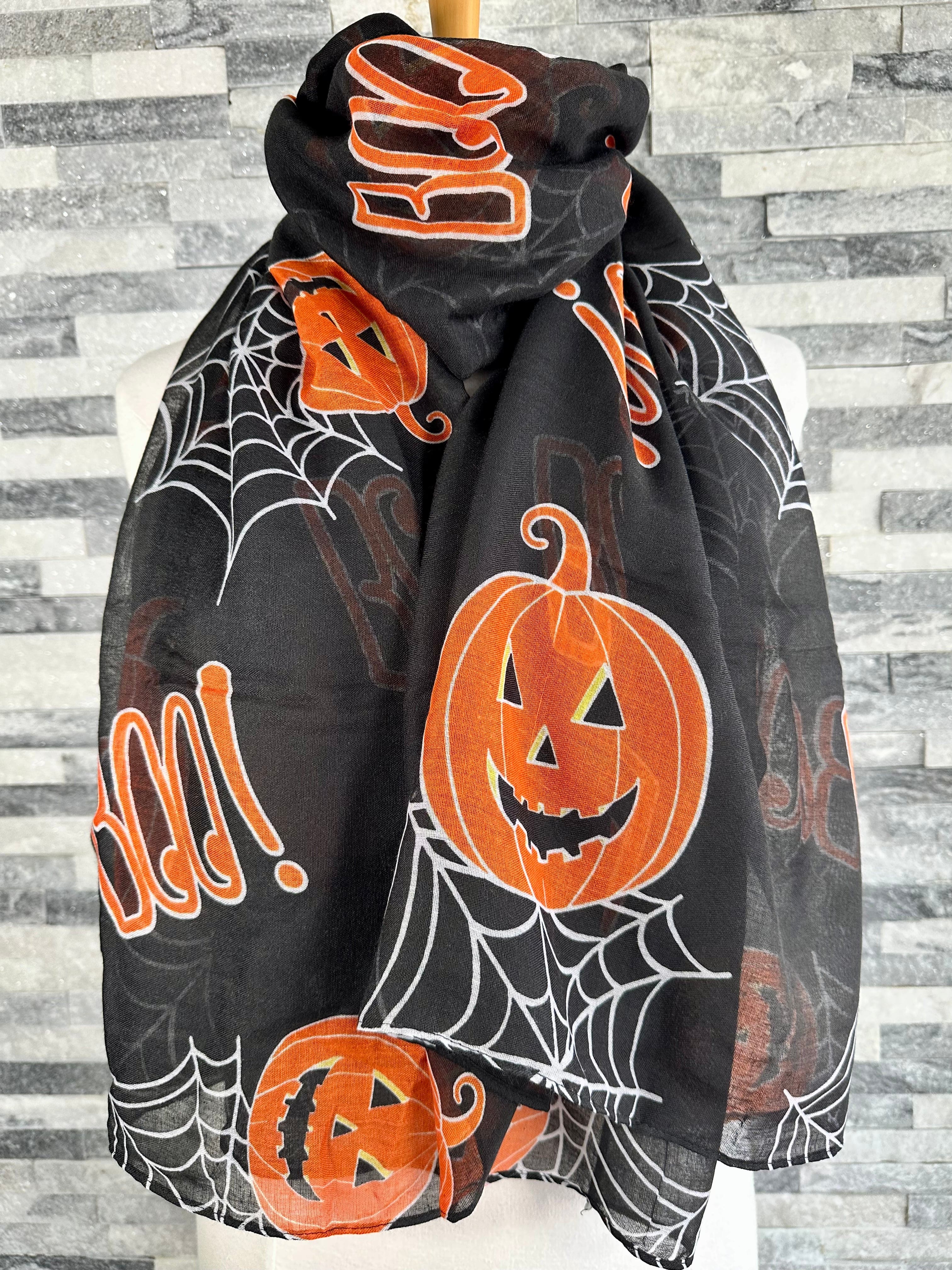 lusciousscarves Black Halloween Scarf with Pumpkins and Boo