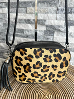Load image into Gallery viewer, lusciousscarves Black Italian Leather Animal Print Camera Bag , Crossbody.
