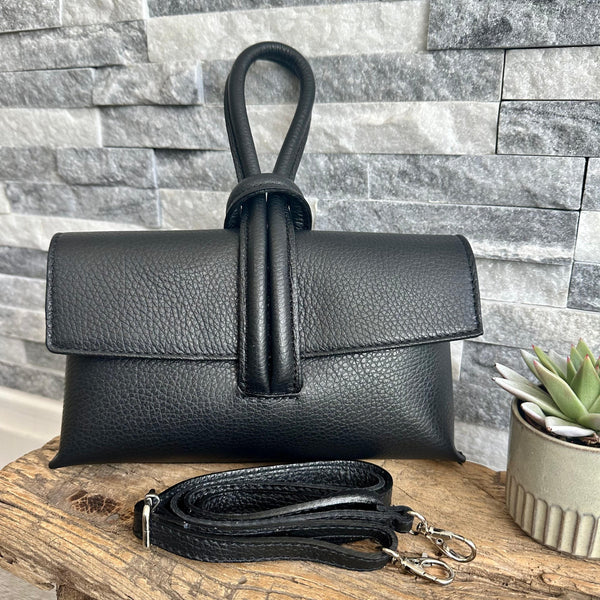 Black Genuine Italian Leather Clutch Bag Evening Bag with Loop Handle