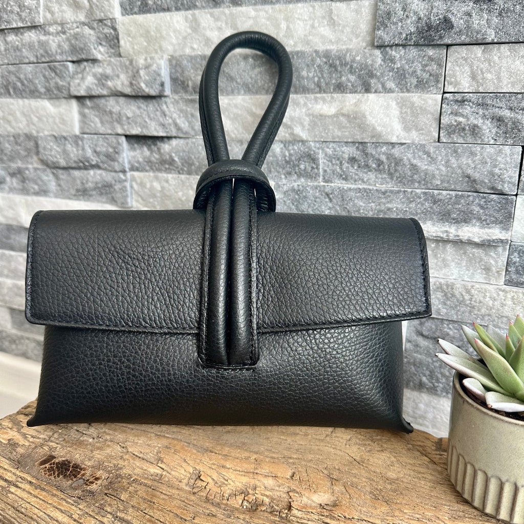 lusciousscarves Black Italian Leather Clutch Bag with Loop Handle