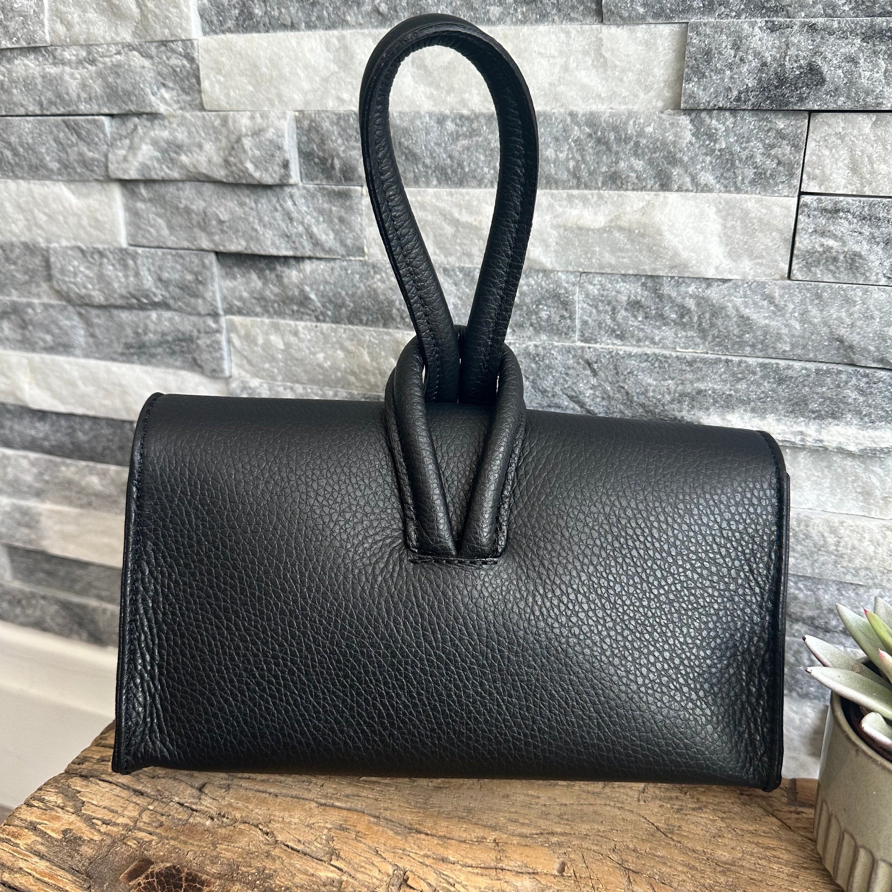 Black Genuine Italian Leather Clutch Bag Evening Bag with Loop Handle luscious scarves