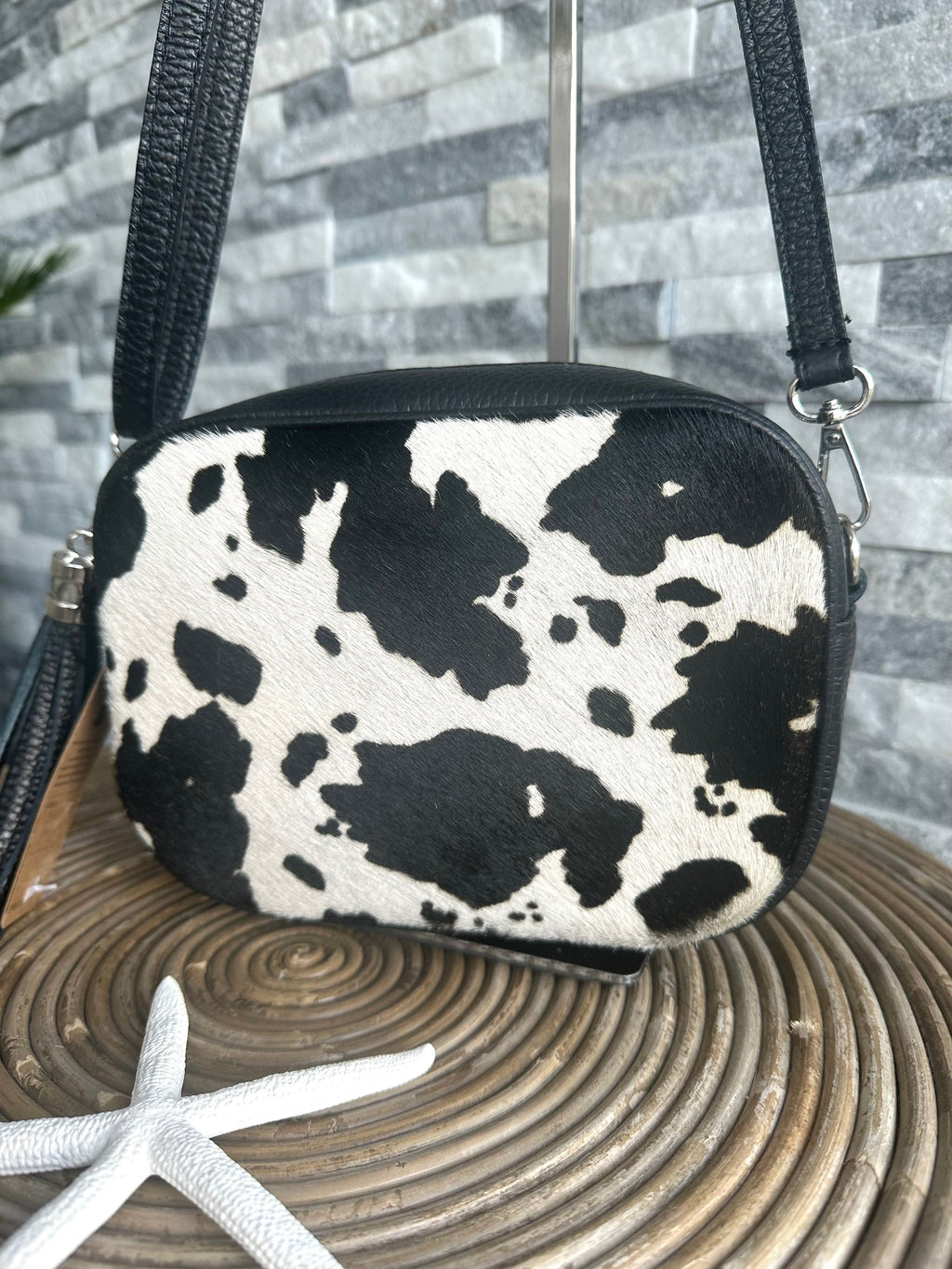 lusciousscarves Black Italian Leather Cow Print Camera Bag , Crossbody.