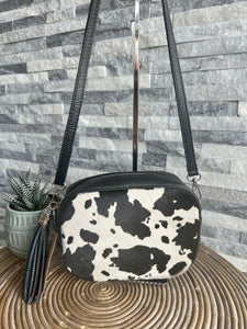 lusciousscarves Black Italian Leather Cow Print Camera Bag , Crossbody.