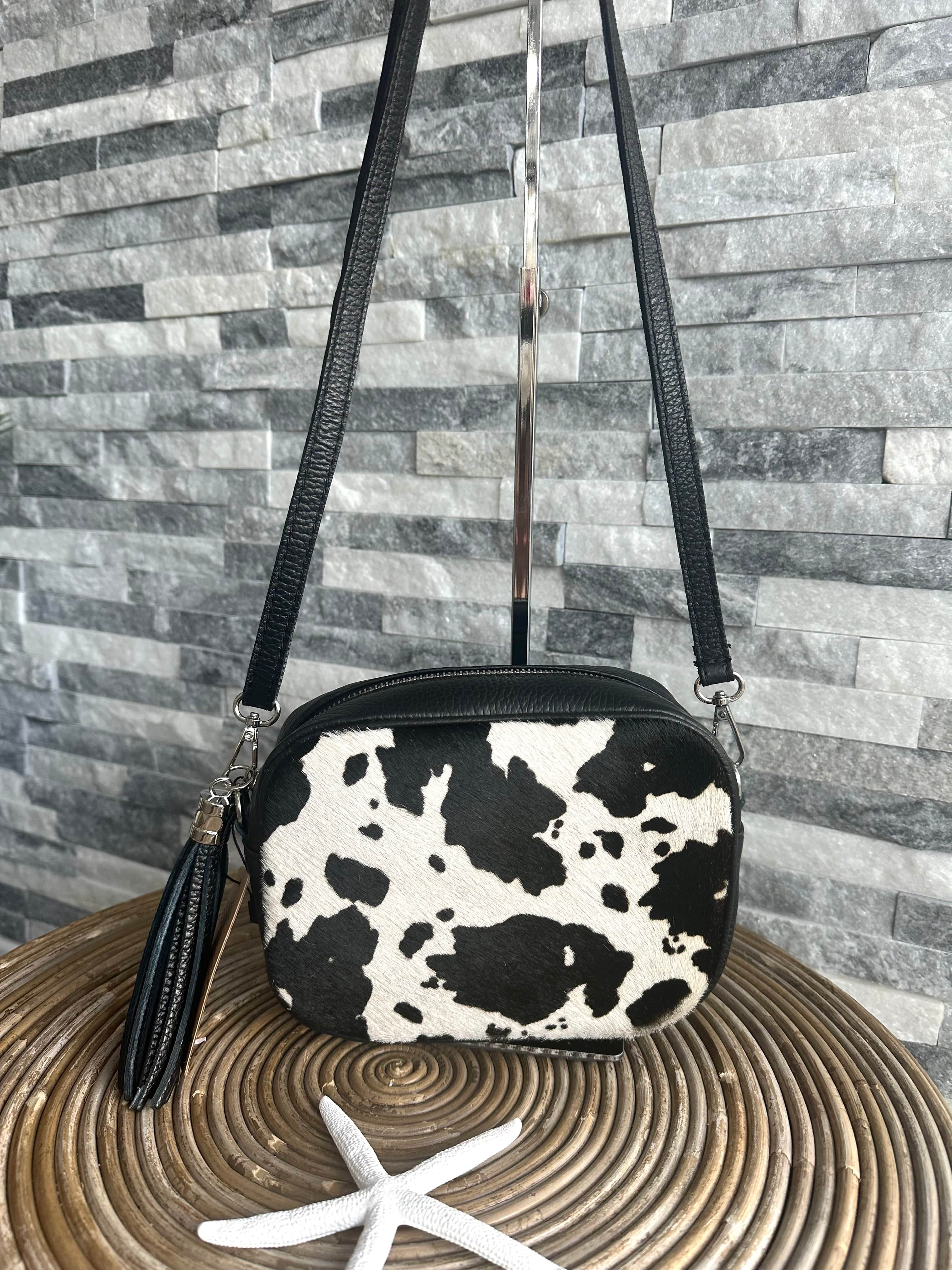 lusciousscarves Black Italian Leather Cow Print Camera Bag , Crossbody.