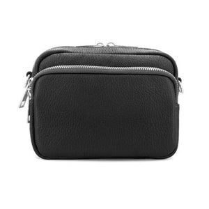 lusciousscarves Black Italian Leather Crossbody Camera Bag with Double Zip , Front Pocket Compartment