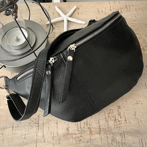 lusciousscarves Black Italian Leather Large Sling Bag / Chest Bag