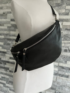 lusciousscarves Black Italian Leather Large Sling Bag / Chest Bag