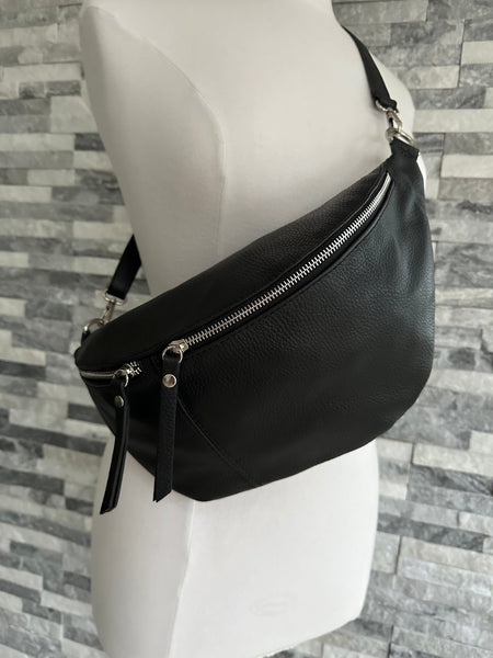 Black leather fanny pack with chain outlet