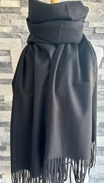 Load image into Gallery viewer, lusciousscarves Black Plain Cashmere and Cotton Blend Pashmina Scarf Wrap
