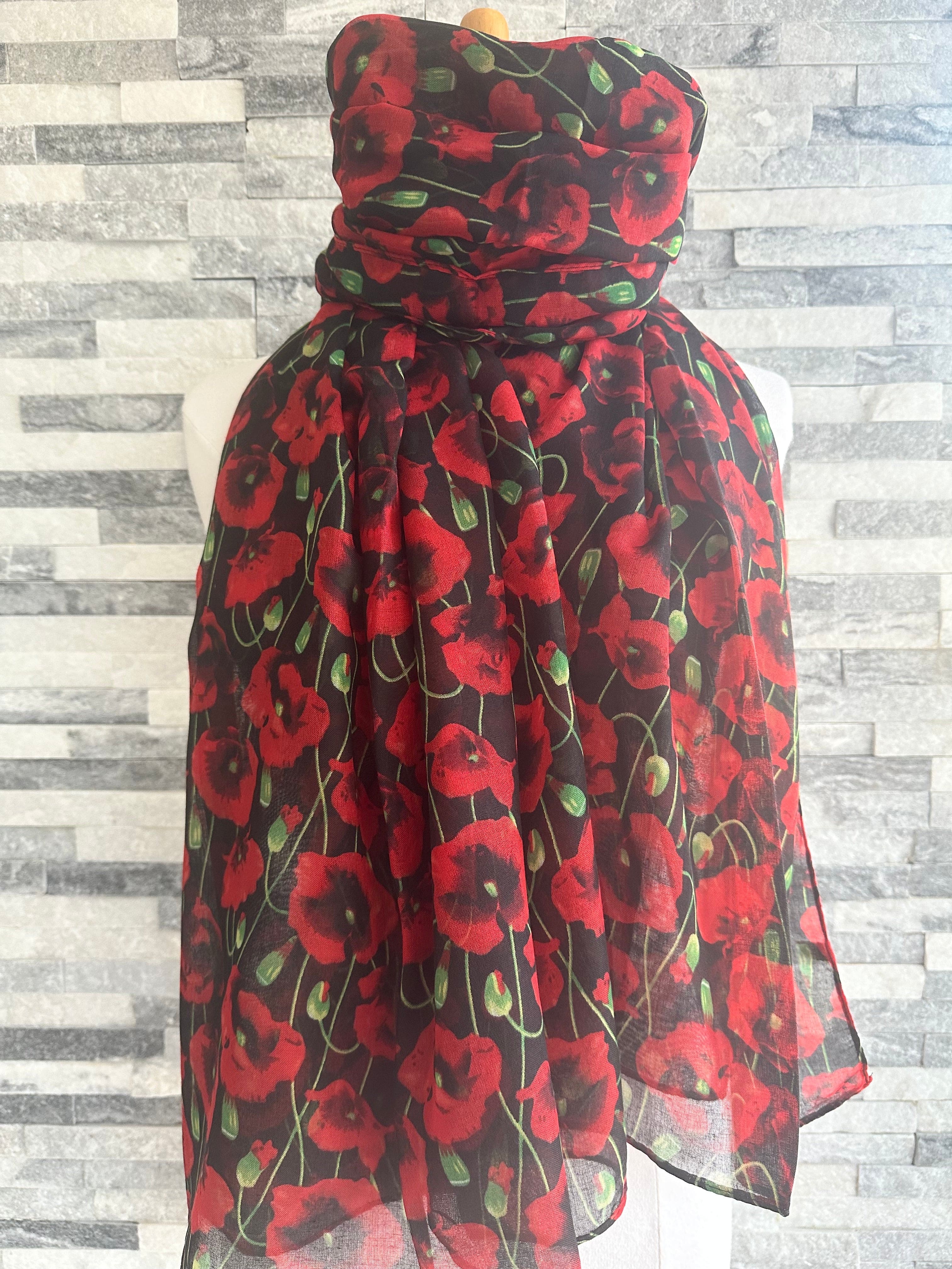 lusciousscarves Black Poppy Scarf with Vibrant Red Poppies.