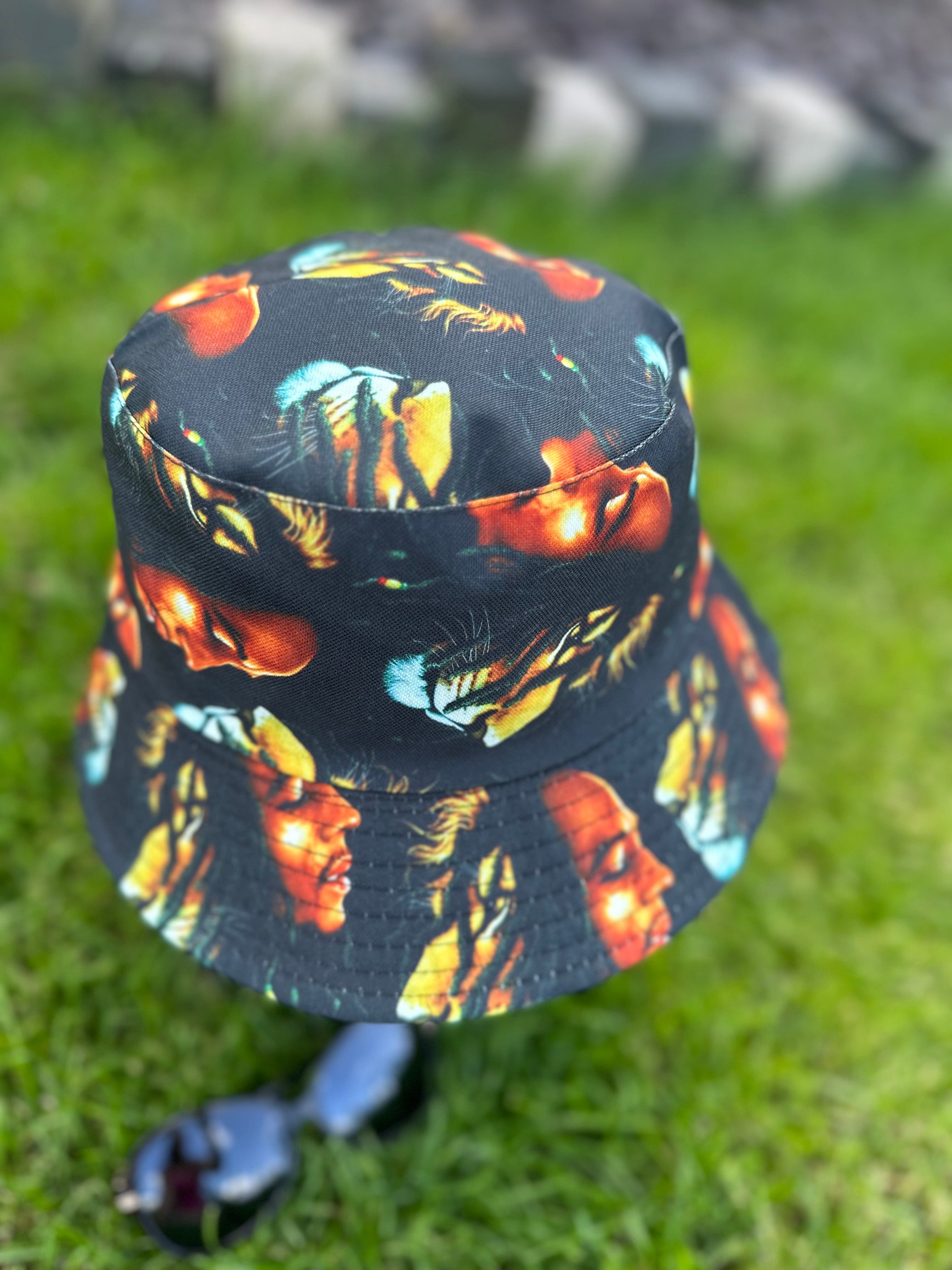 Black Reversible Bucket Hat with Bob Marley and Tiger Design luscious scarves