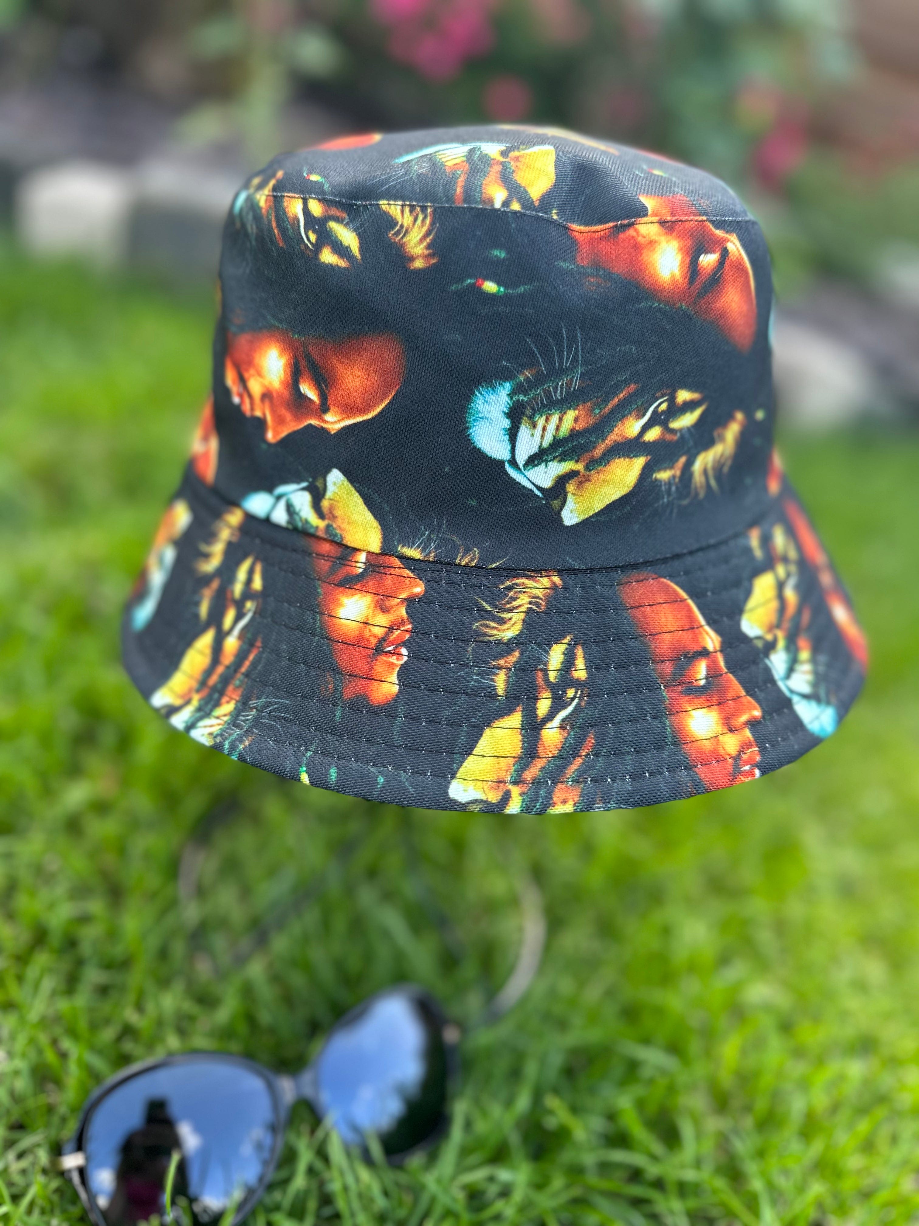lusciousscarves Black Reversible Bucket Hat with Bob Marley and Tiger Design