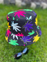 Load image into Gallery viewer, lusciousscarves Black Reversible Bucket Hat with Bright Coloured Hemp Leaf Design
