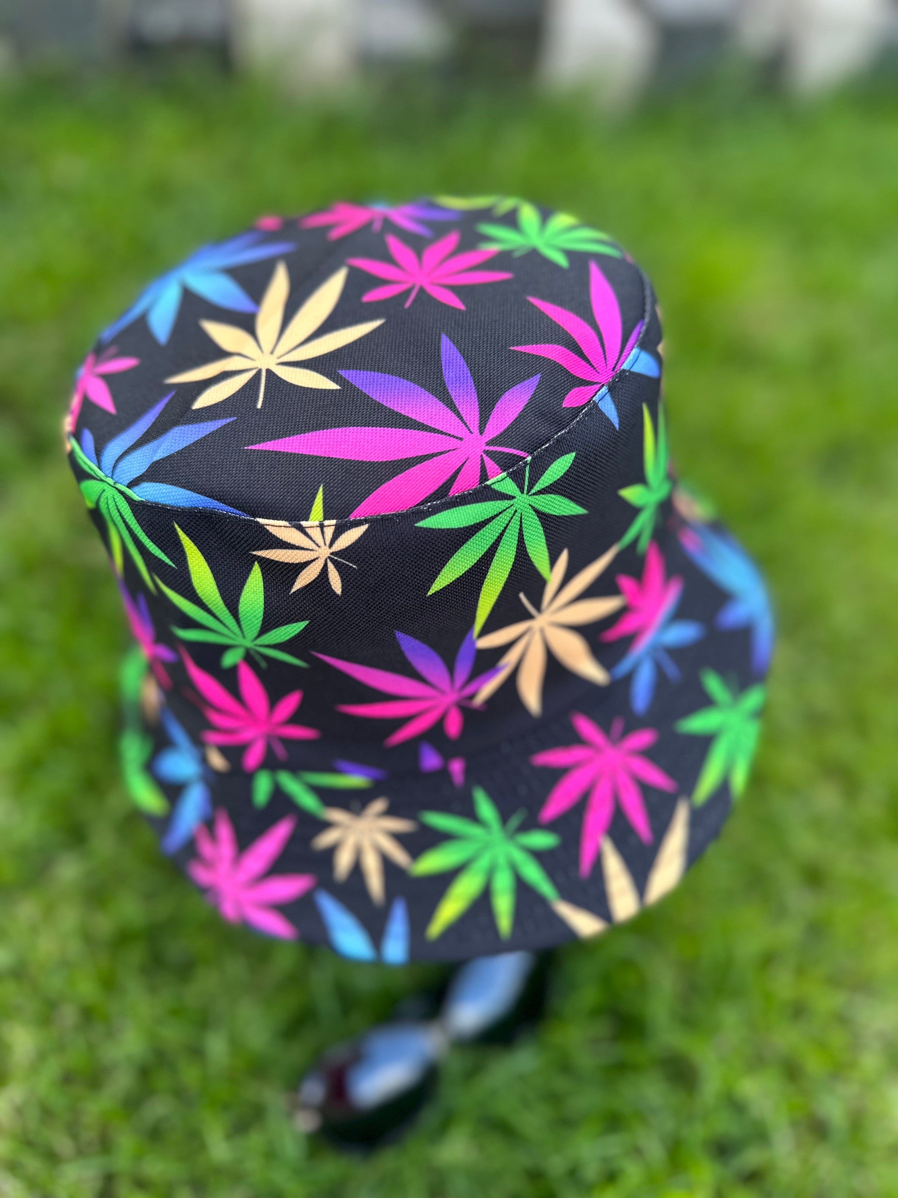 lusciousscarves Black Reversible Bucket Hat with Multi Coloured Hemp Leaf Design