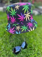 Load image into Gallery viewer, lusciousscarves Black Reversible Bucket Hat with Multi Coloured Hemp Leaf Design
