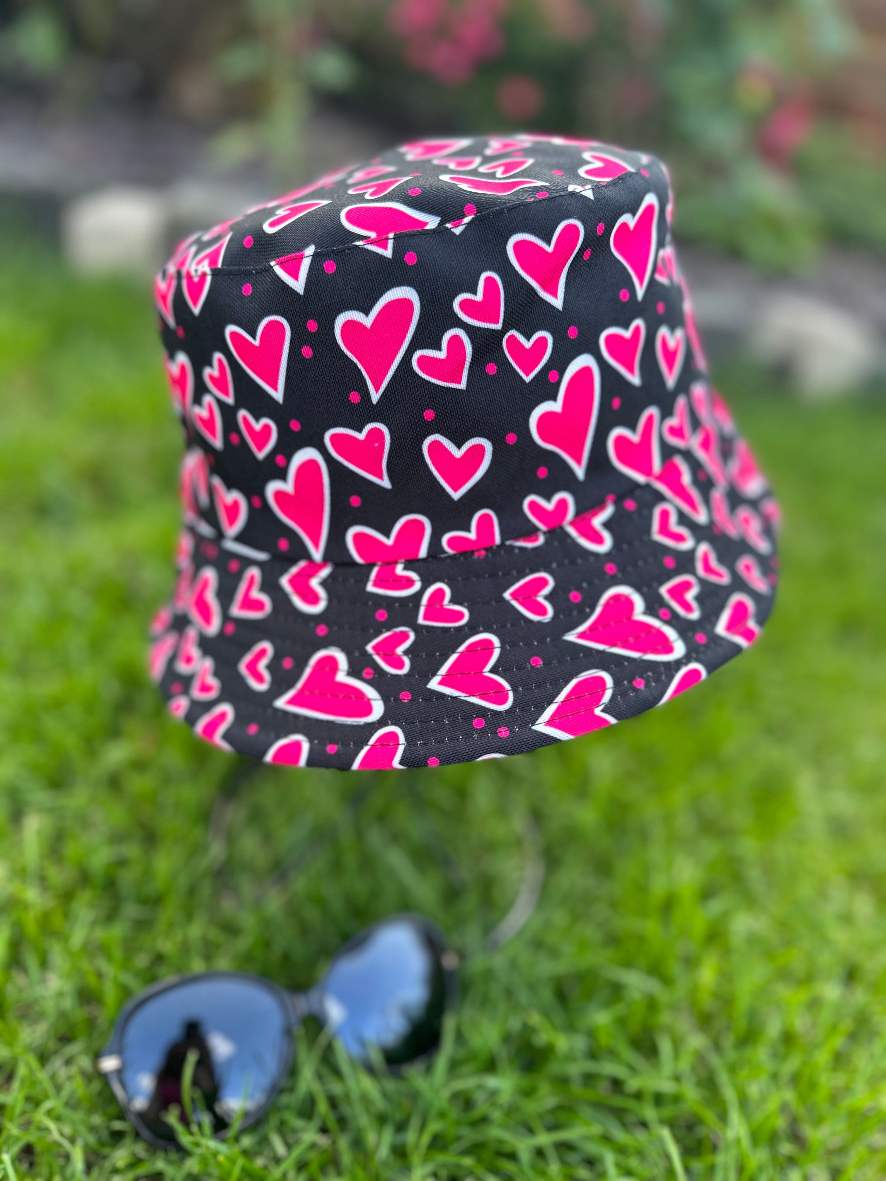 lusciousscarves Black Reversible Bucket Hat with Pink Hearts Design
