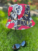 Load image into Gallery viewer, lusciousscarves Black Reversible Bucket Hat with Skulls and Roses.
