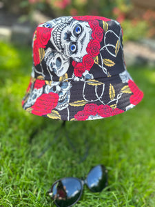lusciousscarves Black Reversible Bucket Hat with Skulls and Roses.