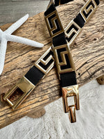 Load image into Gallery viewer, lusciousscarves Black Slim Super Stretchy Geo Design Belt , Gold Hardware .
