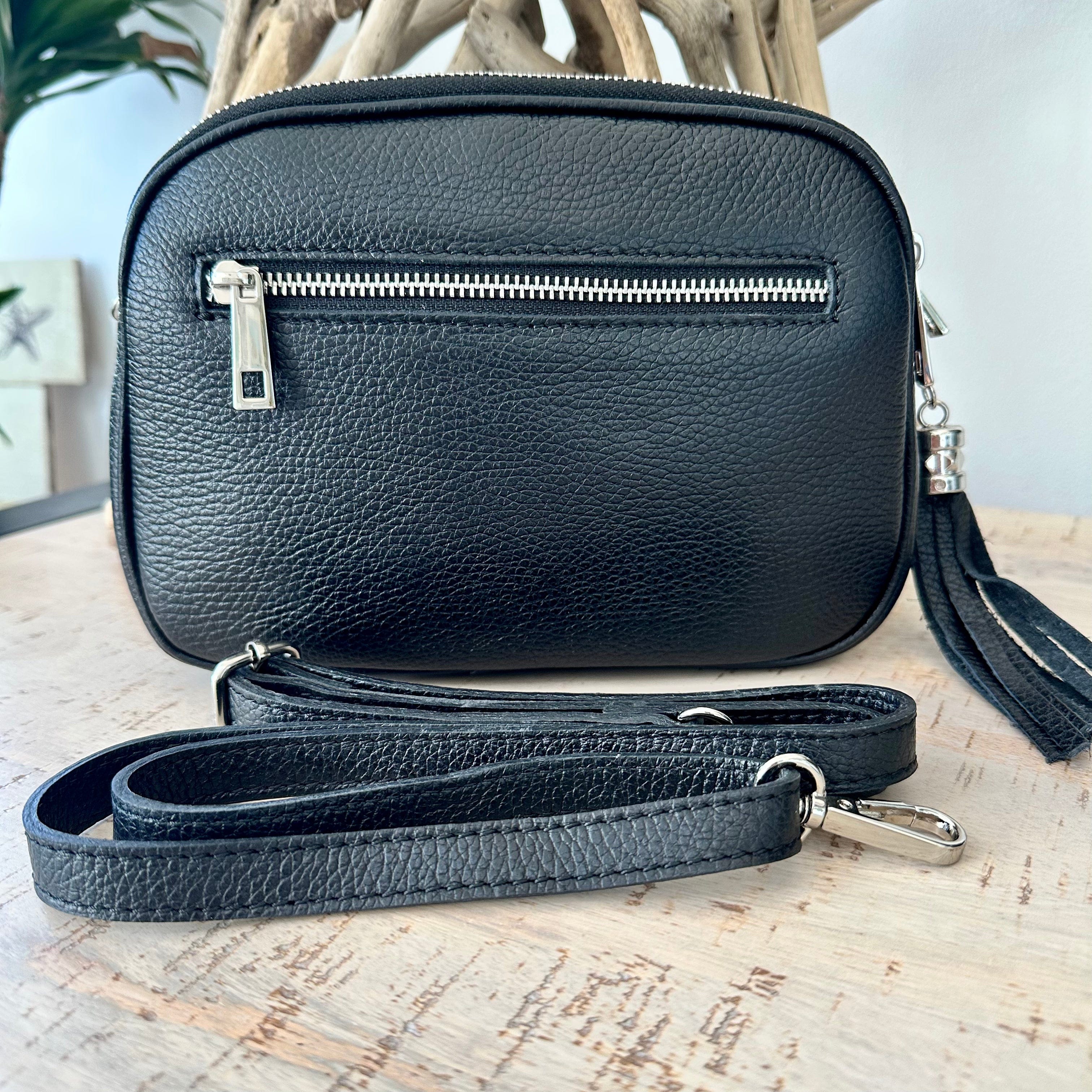 lusciousscarves Black Triple Zip Italian Leather Crossbody Camera Bag