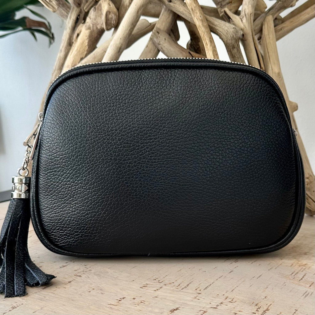 lusciousscarves Black Triple Zip Italian Leather Crossbody Camera Bag