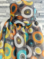 Load image into Gallery viewer, lusciousscarves Bloom Circles Floral Scarf, Grey , Orange , Yellow and Turquoise .
