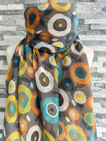 Load image into Gallery viewer, lusciousscarves Bloom Circles Floral Scarf, Grey , Orange , Yellow and Turquoise .
