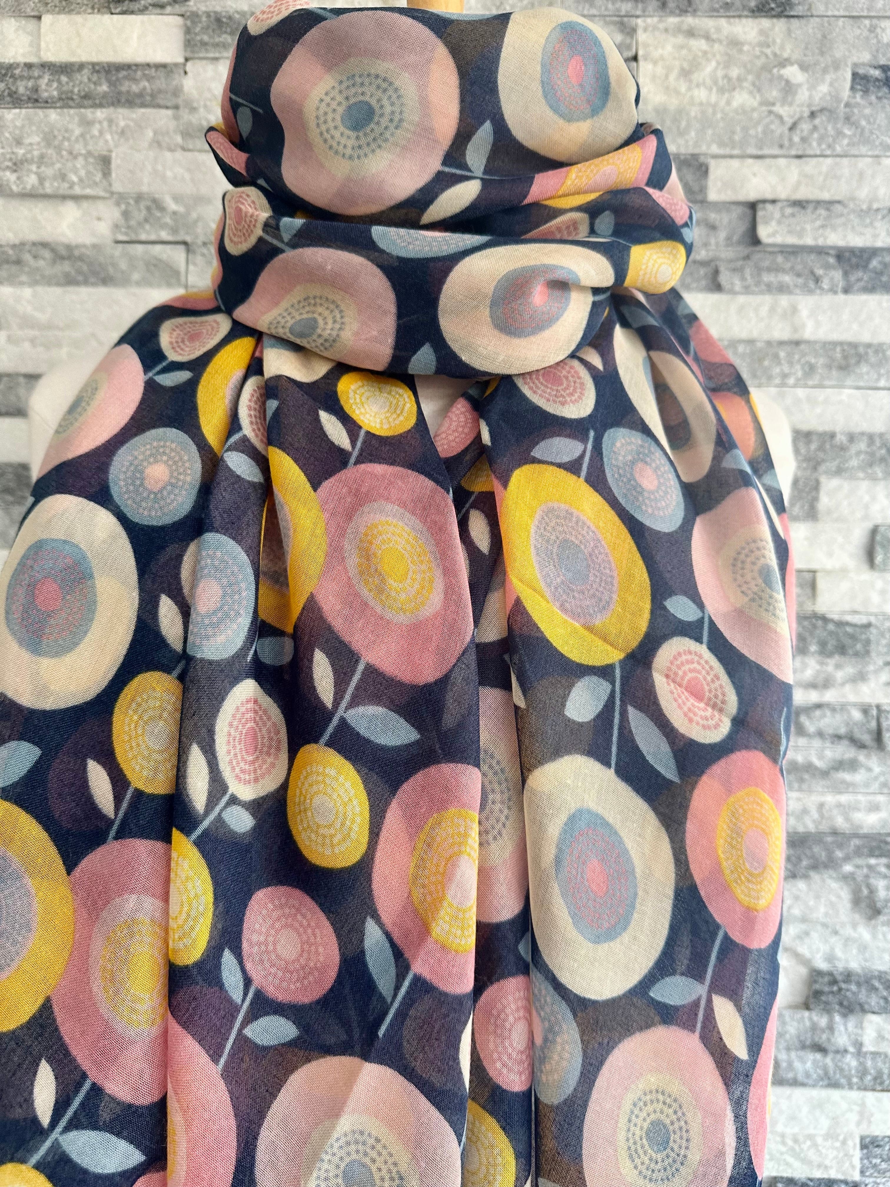 lusciousscarves Bloom Circles Floral Scarf, Navy, Blue , Yellow and Pink.