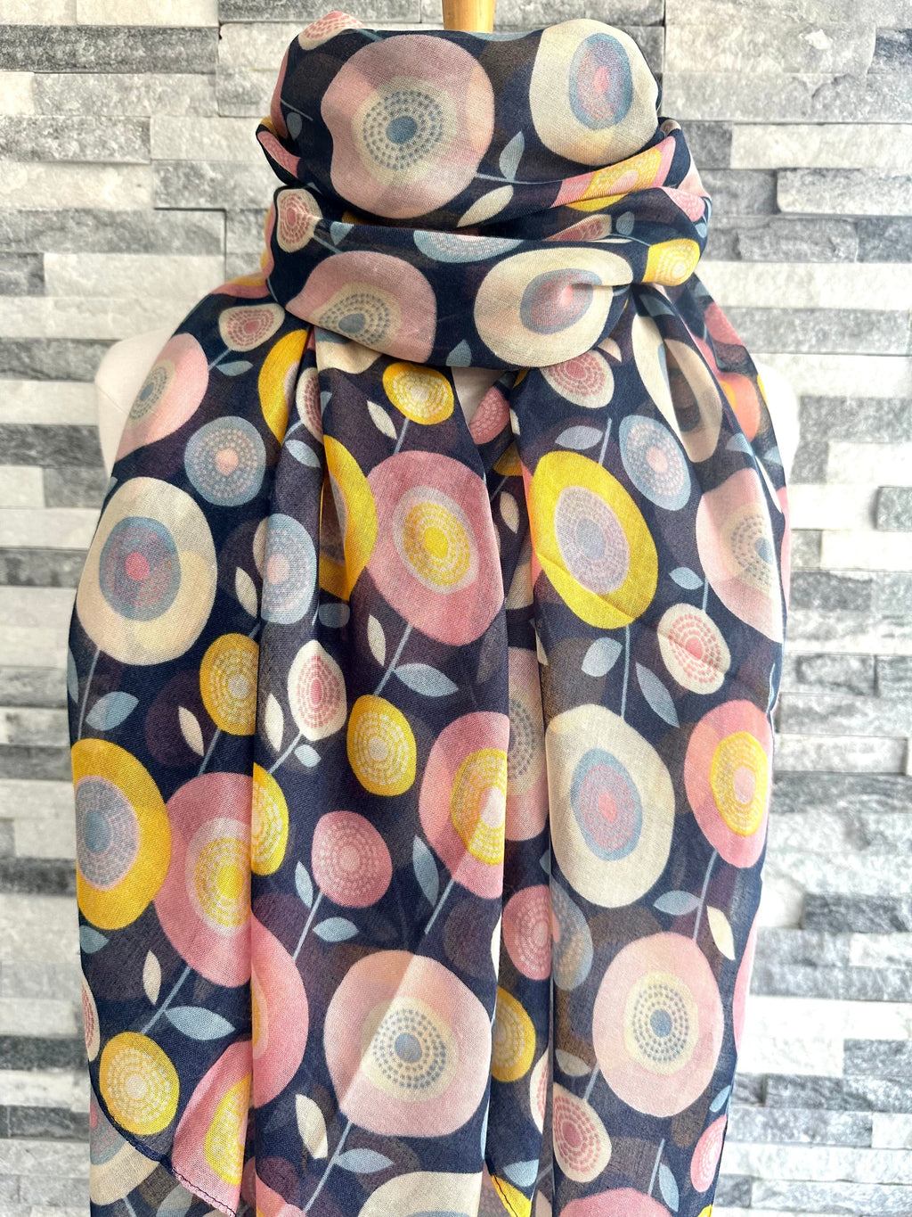 lusciousscarves Bloom Circles Floral Scarf, Navy, Blue , Yellow and Pink.