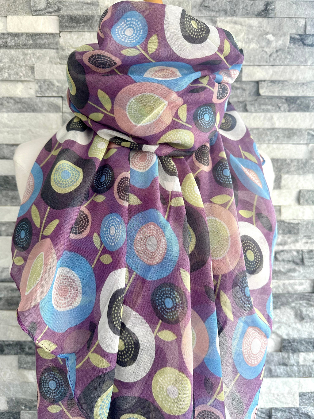 lusciousscarves Bloom Circles Floral Scarf, Purple, Blue , lime and Pink.