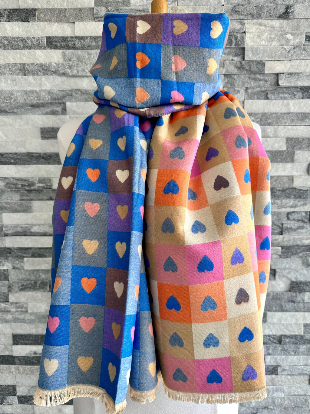 lusciousscarves Blue and Beige Reversible Multi Hearts and Checks Scarf