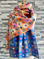 Load image into Gallery viewer, lusciousscarves Blue and Beige Reversible Multi Hearts and Checks Scarf
