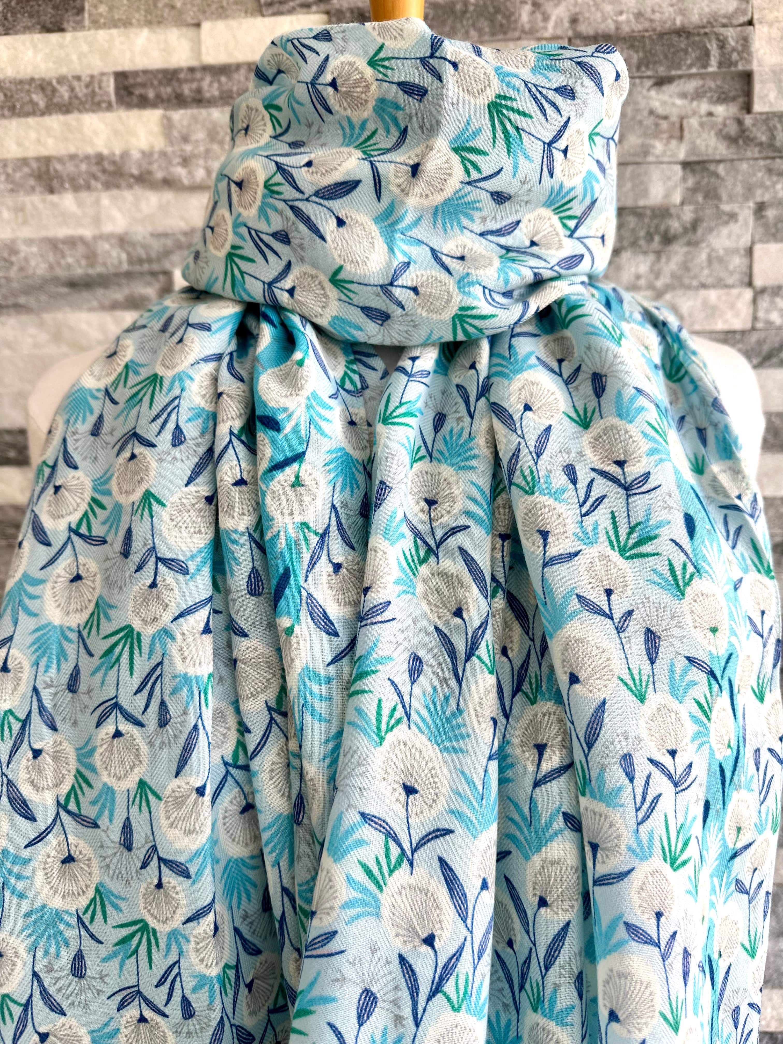 lusciousscarves Blue and Grey Delicate Dandelions Scarf.