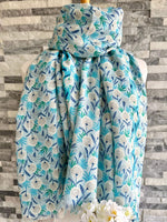 Load image into Gallery viewer, lusciousscarves Blue and Grey Delicate Dandelions Scarf.
