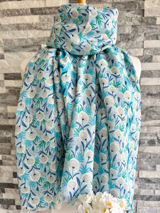 lusciousscarves Blue and Grey Delicate Dandelions Scarf.