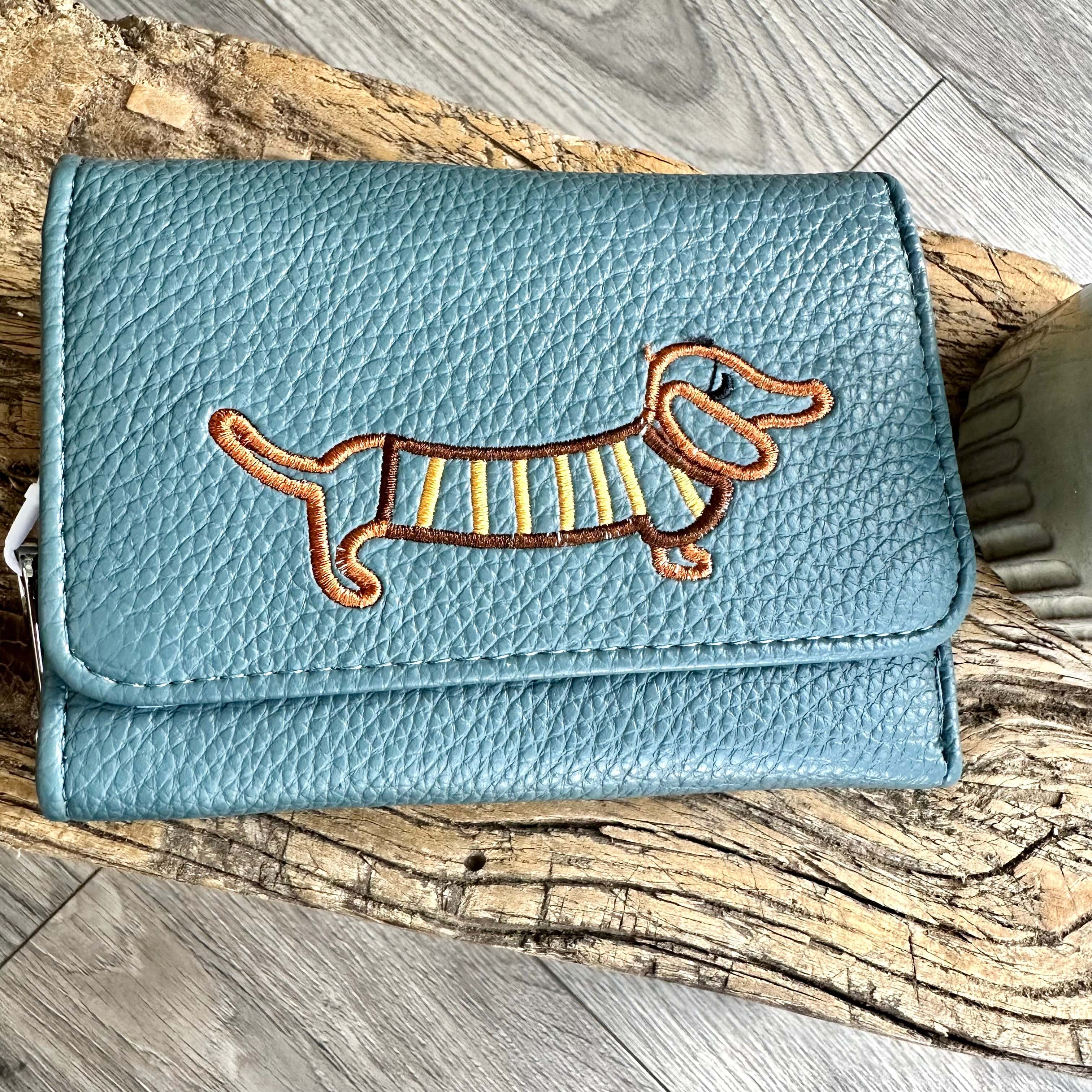 lusciousscarves Blue Embroidered Sausage Dog , Dachshund Wallet Zip Purse