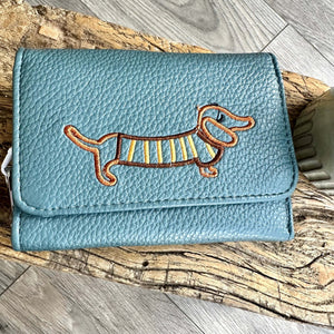 lusciousscarves Blue Embroidered Sausage Dog , Dachshund Wallet Zip Purse