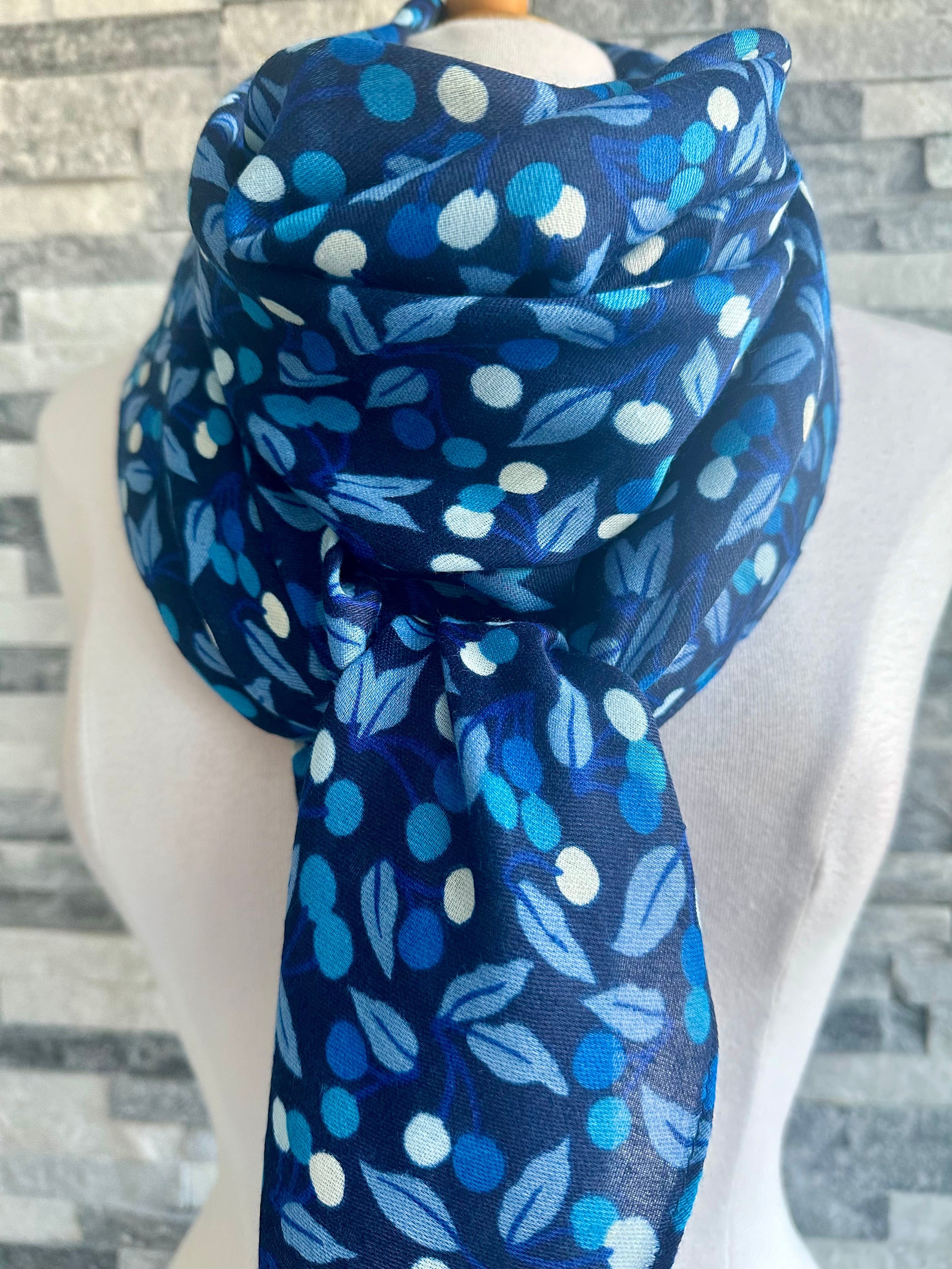 lusciousscarves Blue Little Berries and Leaves Ladies Scarf