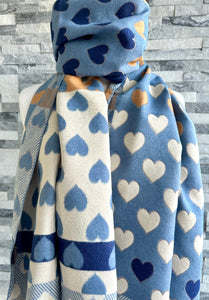 lusciousscarves Blue , Tan and Cream Hearts Design Scarf / Wrap