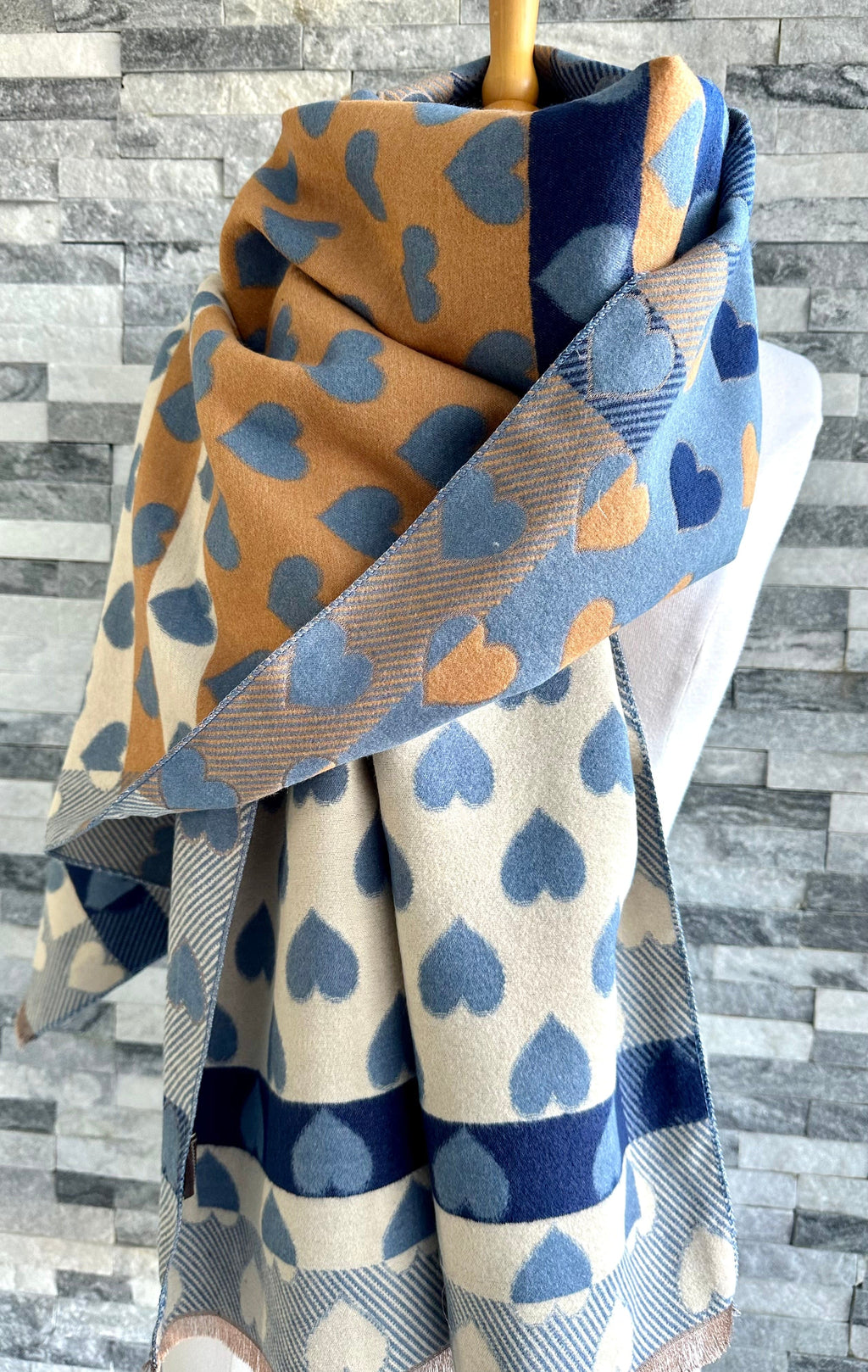 lusciousscarves Blue , Tan and Cream Hearts Design Scarf / Wrap