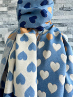 Load image into Gallery viewer, lusciousscarves Blue , Tan and Cream Hearts Design Scarf / Wrap
