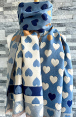 Load image into Gallery viewer, lusciousscarves Blue , Tan and Cream Hearts Design Scarf / Wrap
