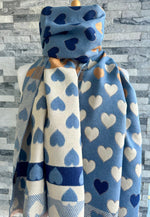 Load image into Gallery viewer, lusciousscarves Blue , Tan and Cream Hearts Design Scarf / Wrap
