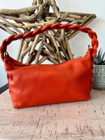 Load image into Gallery viewer, lusciousscarves Braided Handle Burnt Orange Italian Leather Handbag.
