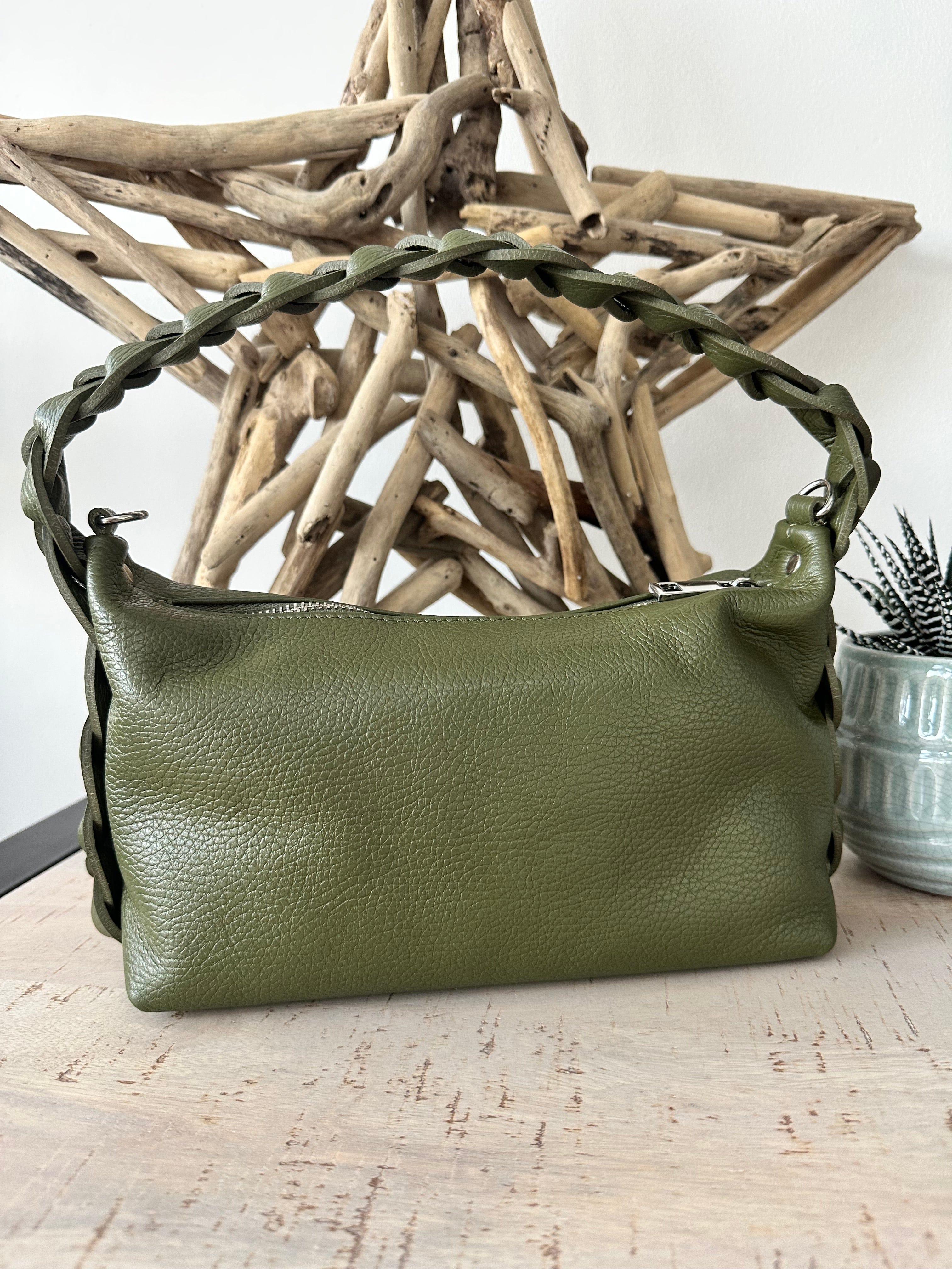 lusciousscarves Braided Handle Khaki Green Italian Leather Handbag