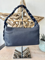 Load image into Gallery viewer, lusciousscarves Braided Handle Navy Italian Leather Handbag
